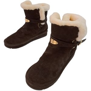 Michael Kors Boots Womens 7 Brown Suede Pull On Logo Strap Sheepskin Booties